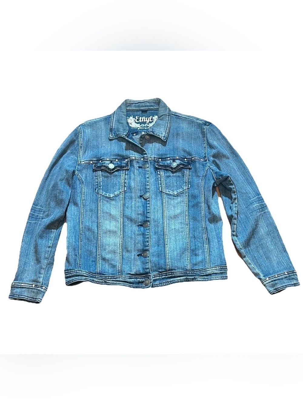 Ethyl Vintage Denim Women's Size L Embellished Beaded Trucker Blue Jean Jacket